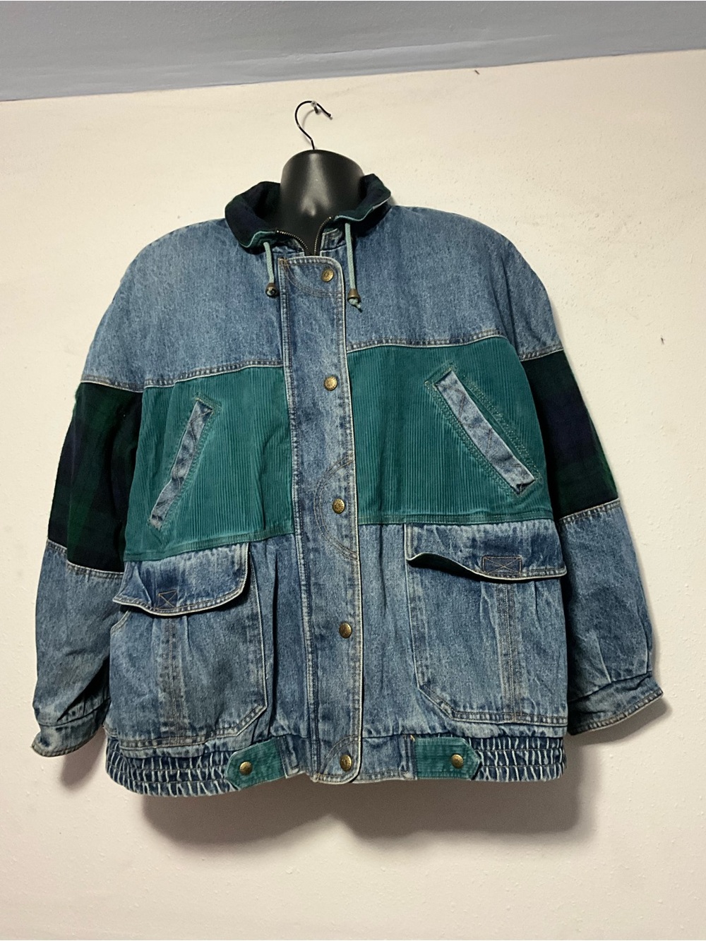 Vintage 90s Current Seen Denim Jacket 3X Corduroy Plaid Lined Colorblock Coat